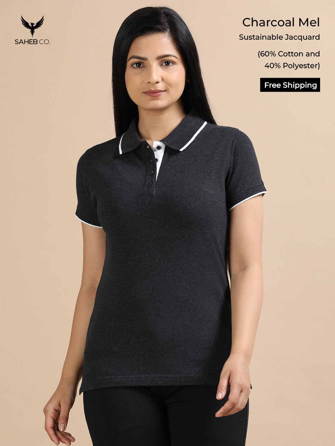 Charcoal Mel Sustainable Jacquard Polo T-Shirt