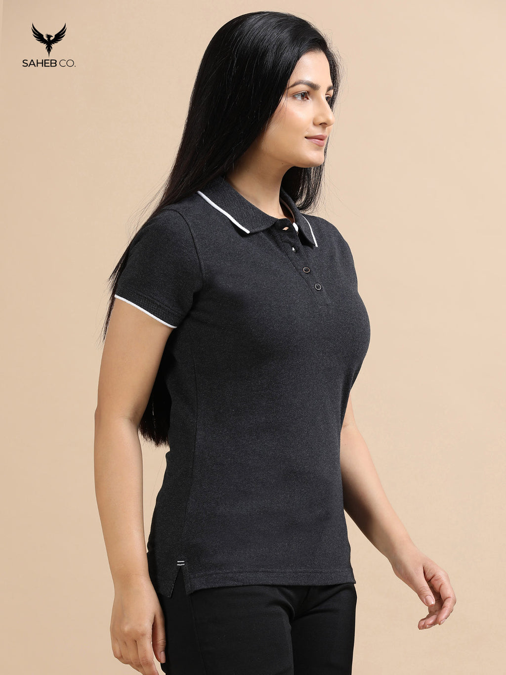 Charcoal Mel Sustainable Jacquard Polo T-Shirt