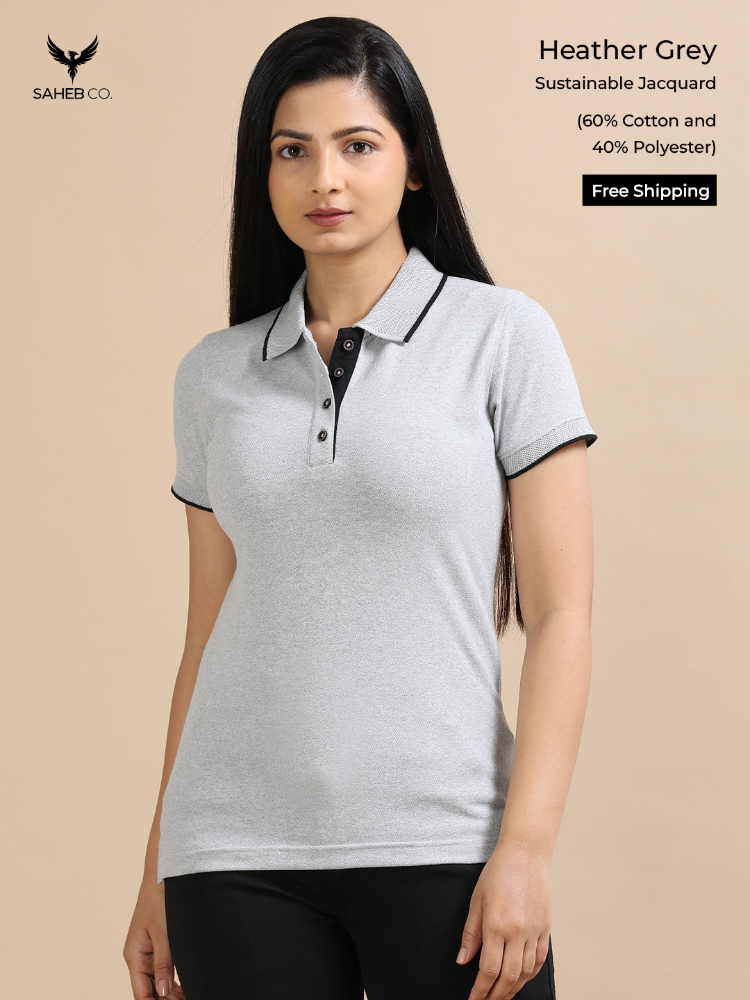 Heather Grey Sustainable Jacquard Polo T-Shirt