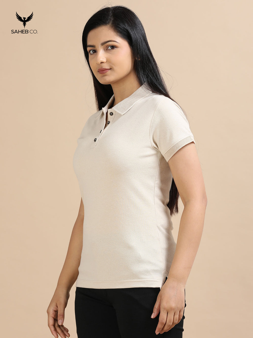 Sand Beige Sustainable Jacquard Polo T-Shirt
