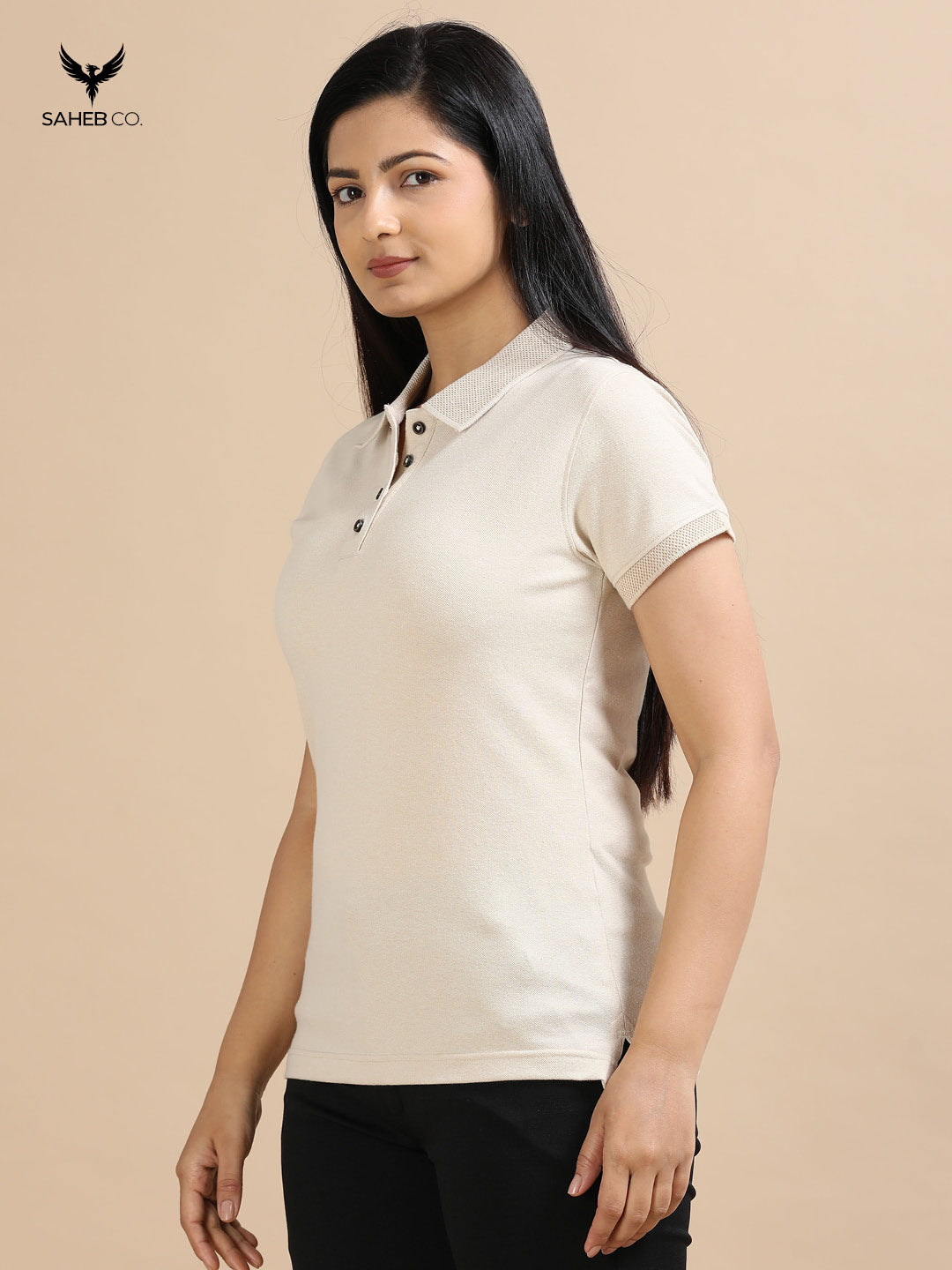 Sand Beige Sustainable Jacquard Polo T-Shirt