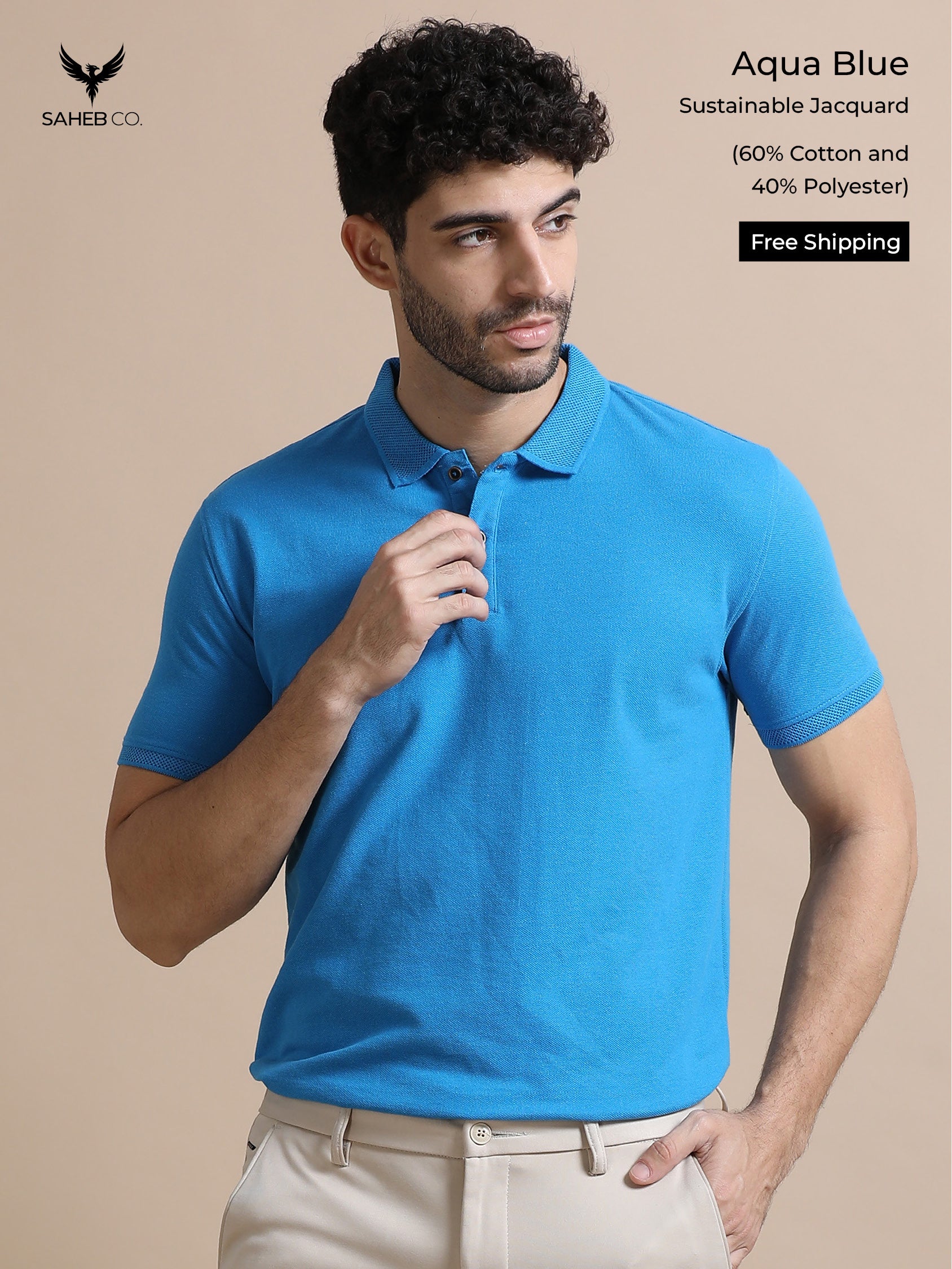 Aqua Blue Sustainable Jacquard Polo T-Shirt