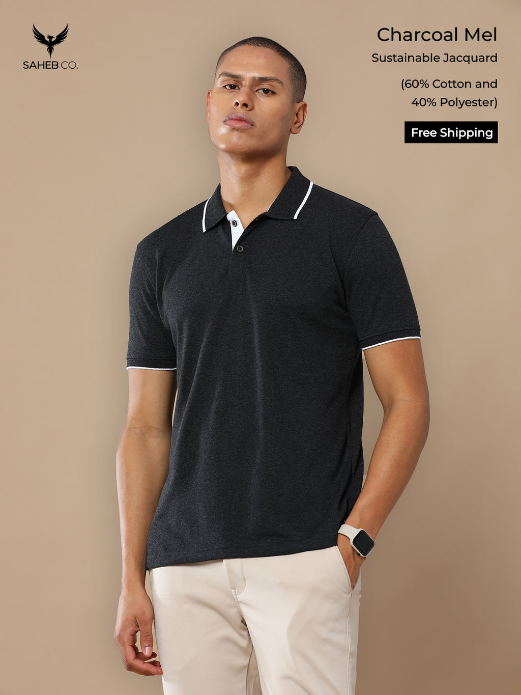 Charcoal Mel Sustainable Jacquard Polo T-Shirt