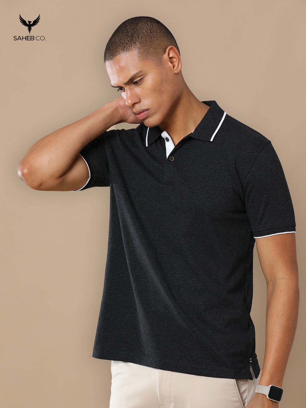 Charcoal Mel Sustainable Jacquard Polo T-Shirt