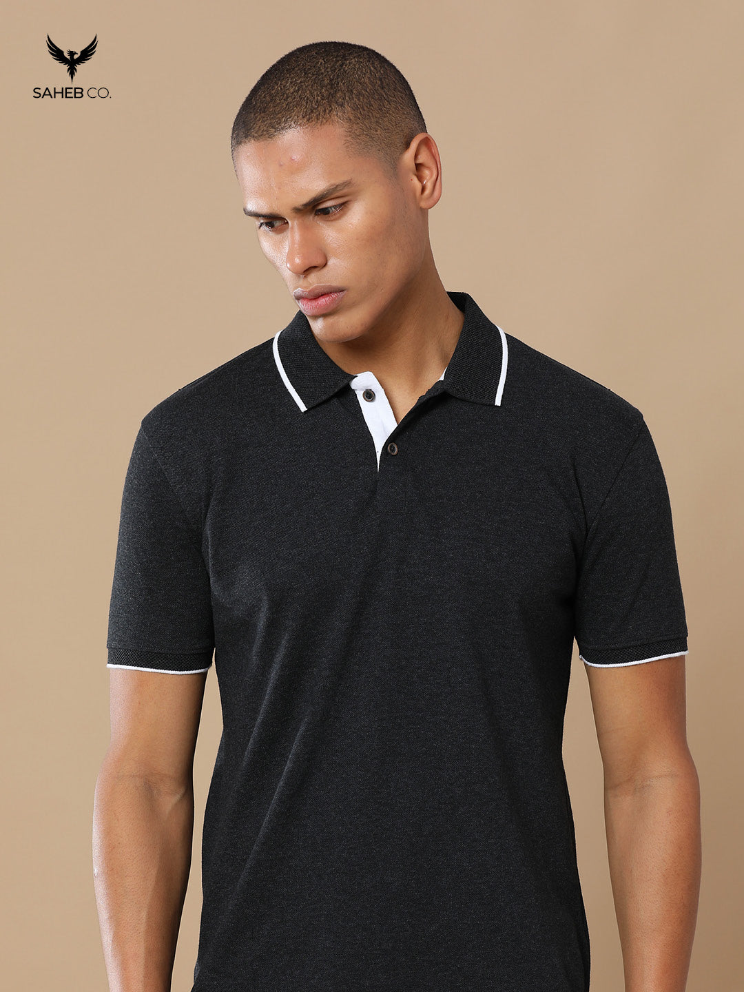 Charcoal Mel Sustainable Jacquard Polo T-Shirt