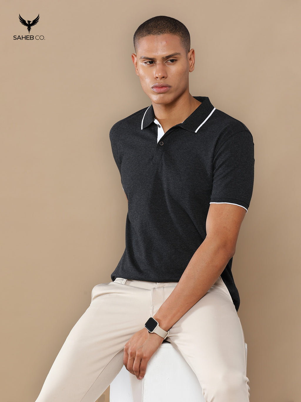 Charcoal Mel Sustainable Jacquard Polo T-Shirt