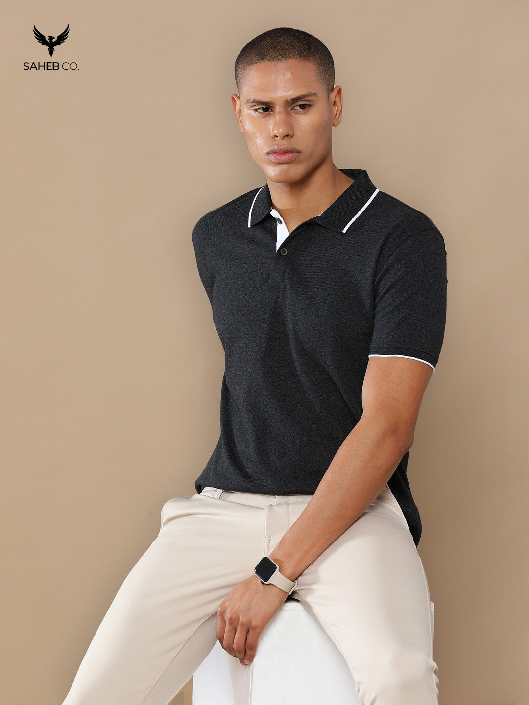 Charcoal Mel Sustainable Jacquard Polo T-Shirt
