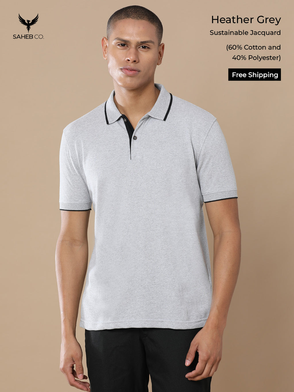 Heather Grey Sustainable Jacquard Polo T-Shirt