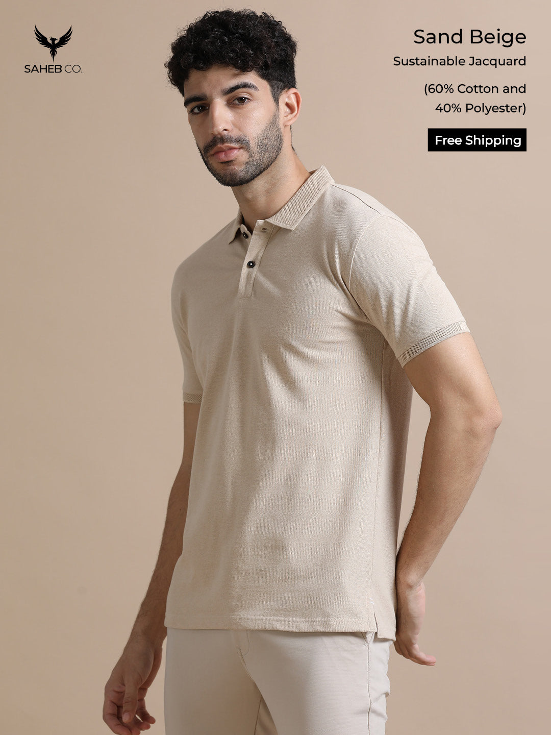 Sand Beige Sustainable Jacquard Polo T-Shirt