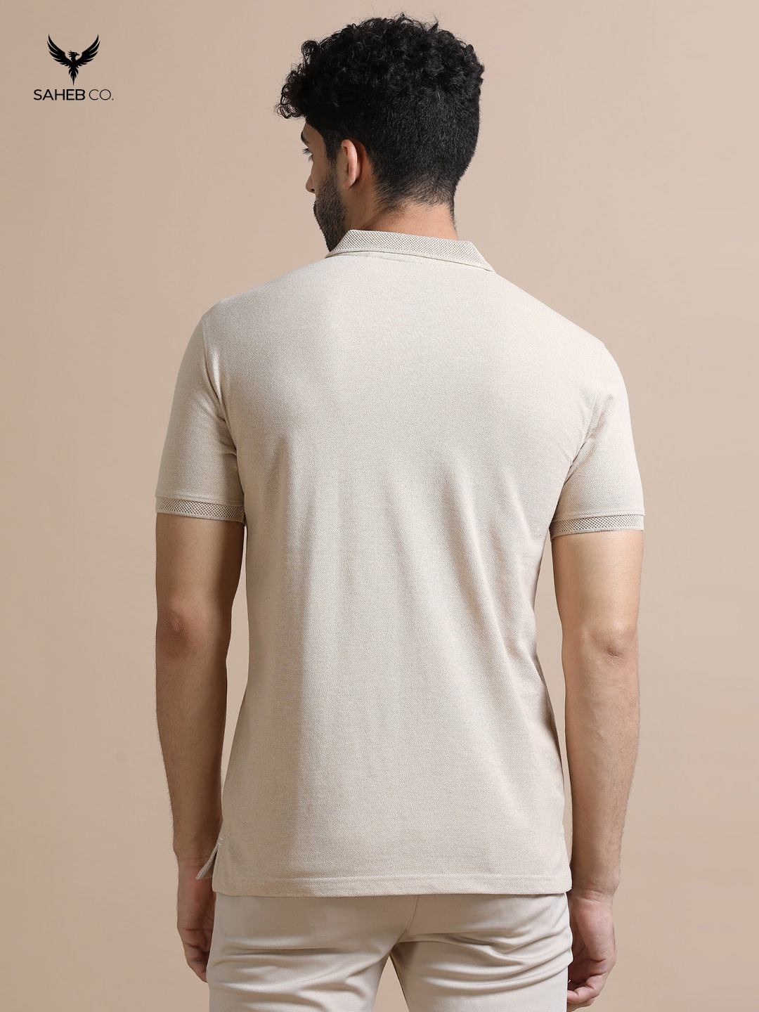 Sand Beige Sustainable Jacquard Polo T-Shirt