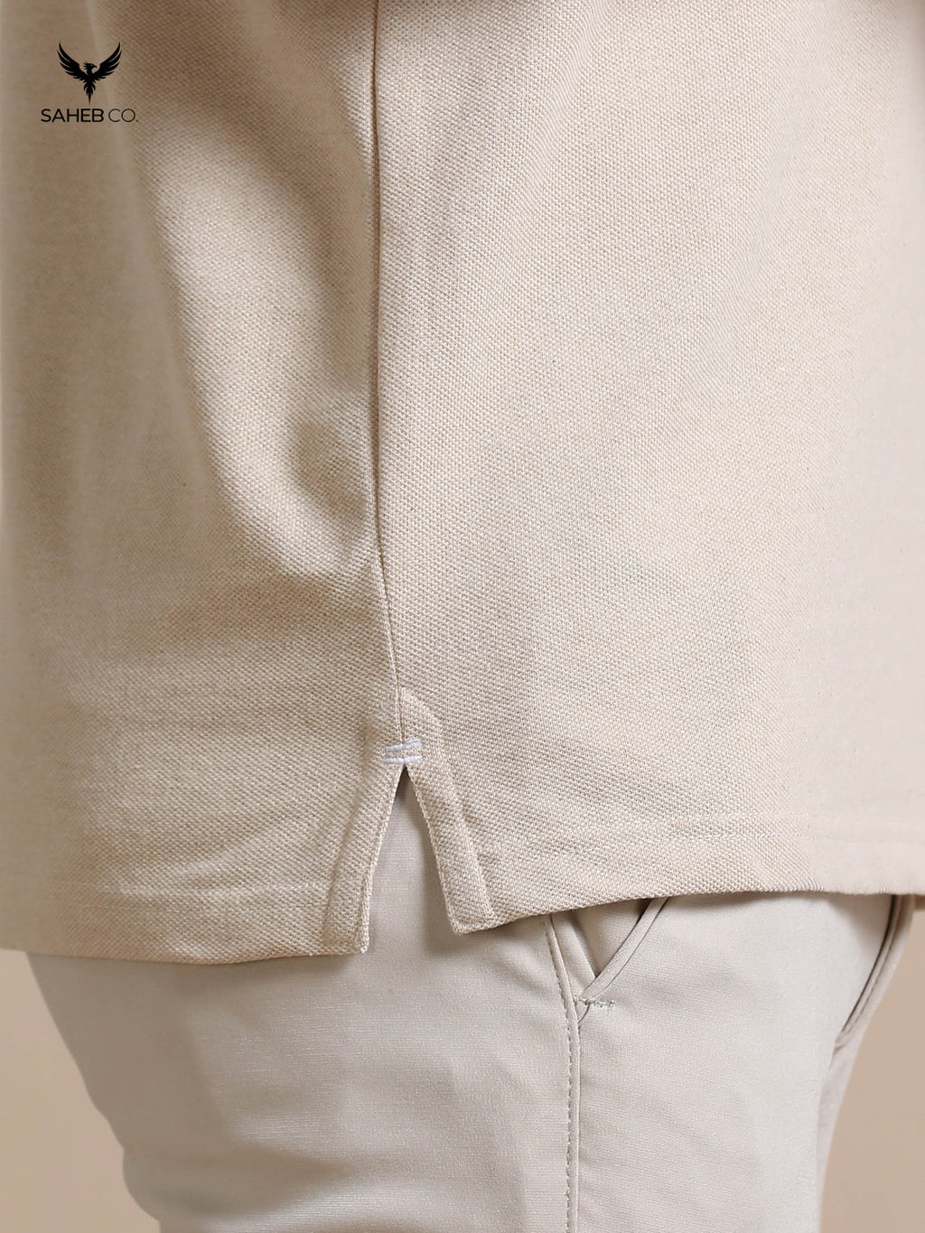 Sand Beige Sustainable Jacquard Polo T-Shirt