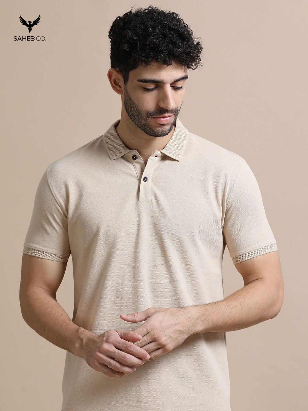 Sand Beige Sustainable Jacquard Polo T-Shirt