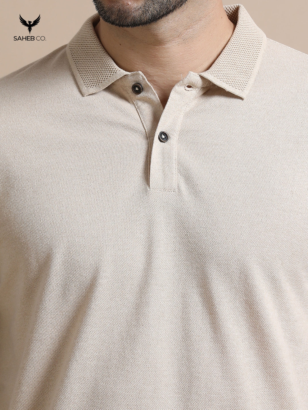 Sand Beige Sustainable Jacquard Polo T-Shirt