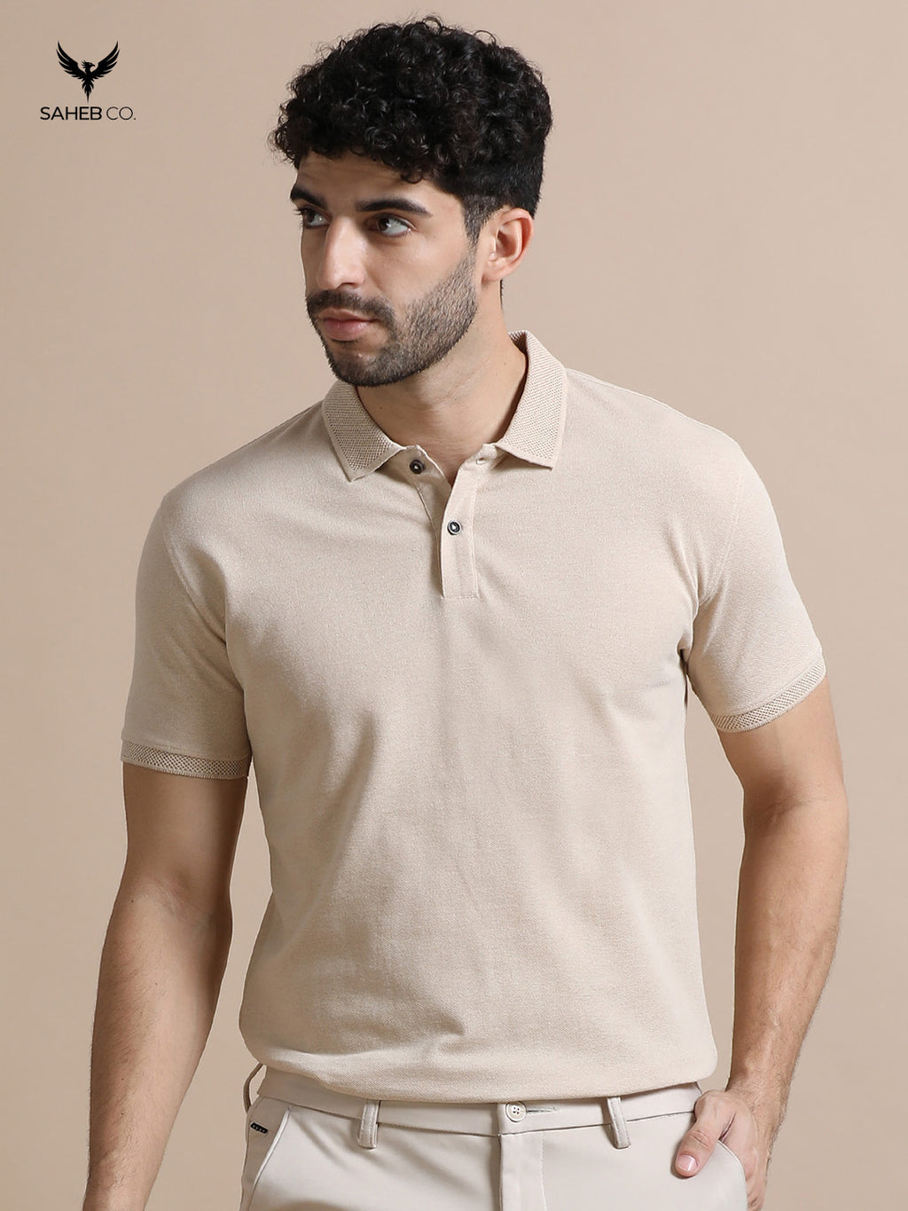 Sand Beige Sustainable Jacquard Polo T-Shirt