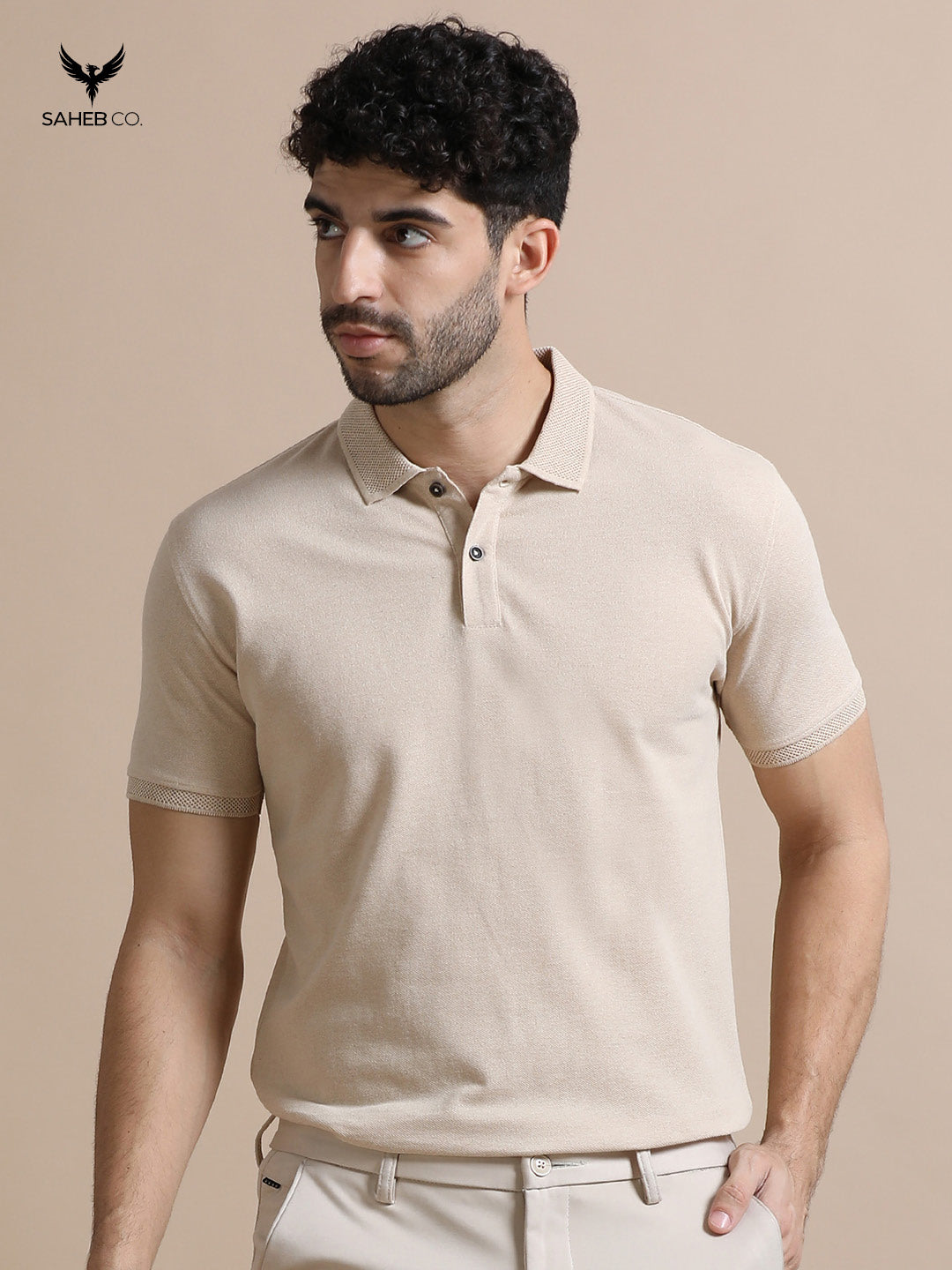 Sand Beige Sustainable Jacquard Polo T-Shirt