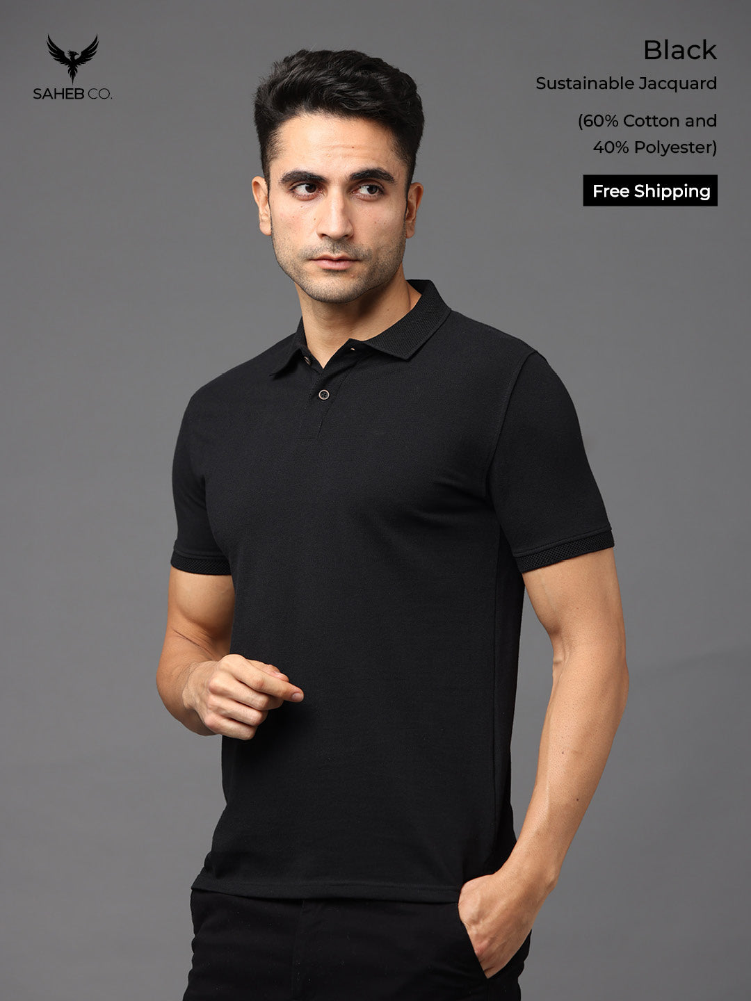 Black Sustainable Jacquard Polo T-Shirt